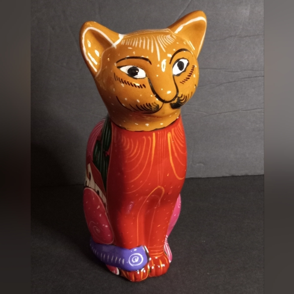 Cat Terracotta Clay Figurine 8” Tall  Bright Colors HAND PAINTED